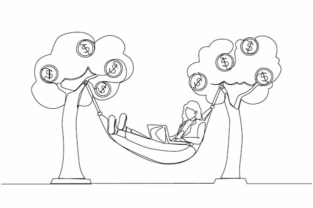 Continuous one line drawing of rich businesswoman typing with laptop in a hammock tied on money tree