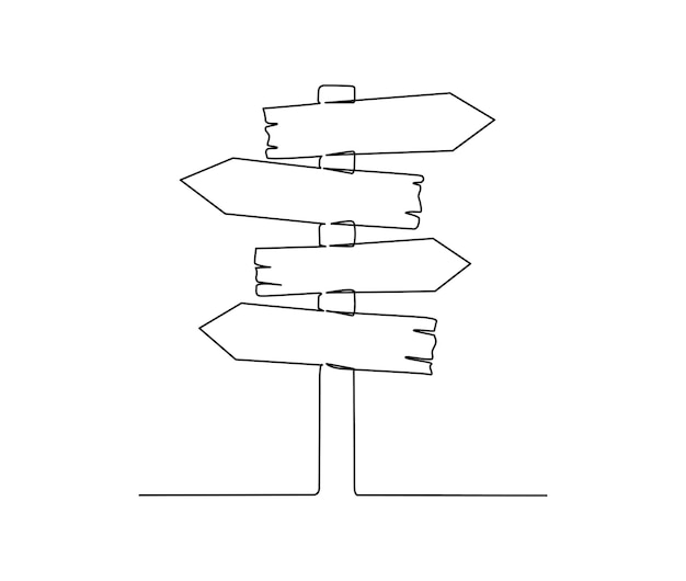 도로 방향 표시 화살표의 연속 한 선 그리기 질감 나무 간판 정보 손으로 그린 벡터 일러스트 레이 션