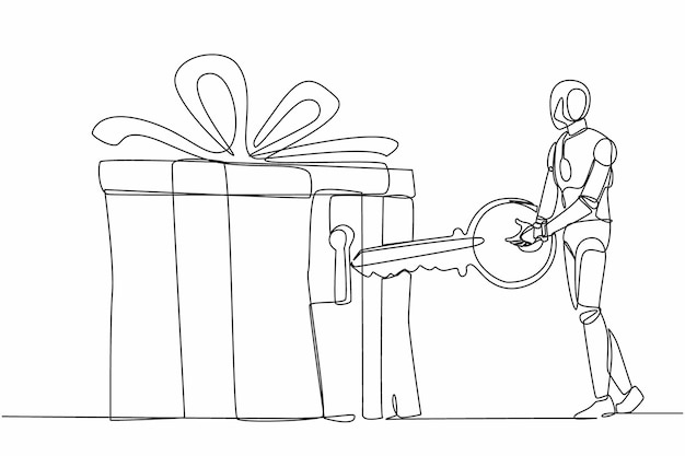 Continuous one line drawing robot putting key into gift box with ribbon celebration for success