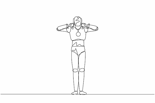 継続的な1行の絵画ロボットが親指を下に示すサインジェスチャーが嫌い反対不賛成です