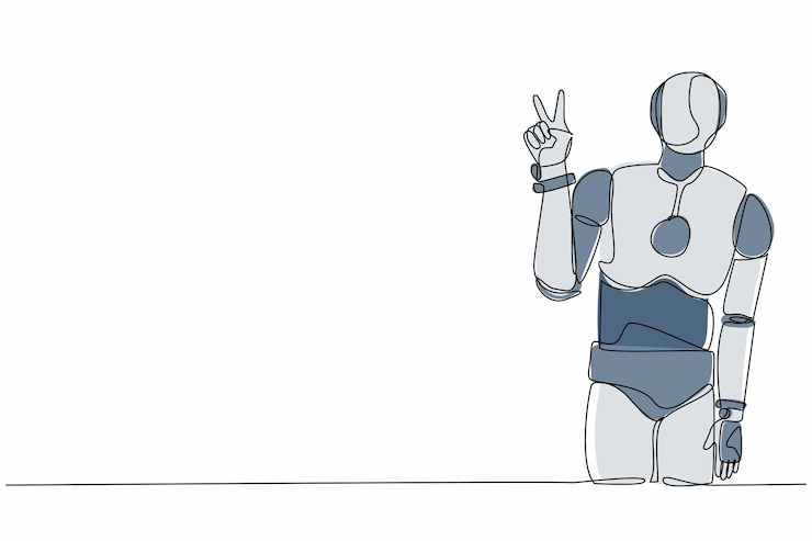 Vector continuous one line drawing robot standing with v symbol victory sign success or winner gesture