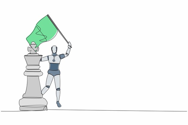 Vettore disegno continuo di una linea robot che agita la bandiera sul re pezzo di scacchi metafora della competizione di vittoria