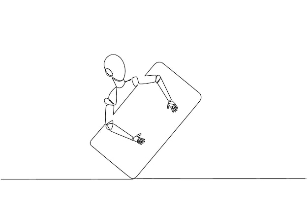 Continuous one line drawing robotic hugging handphone Added a robotic system vector illustration