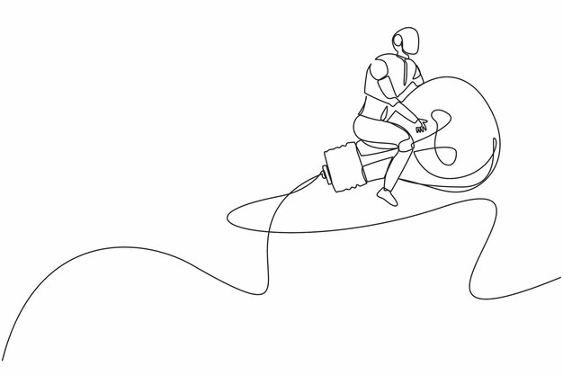 Continuous one line drawing robots riding light bulb rockets modern robotics graphic illustration