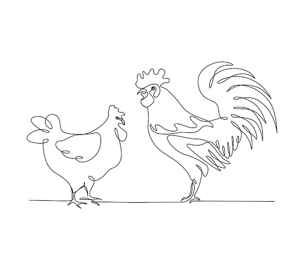 Continuous one line drawing of rooster and hen chicken Male chicken and hen simple line art vector design