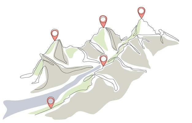 Continuous one line drawing of route in the mountains with location pointers Gps navigation and Travel concept Editable stroke Map pin line background Travel concept Vector drawing in linear style