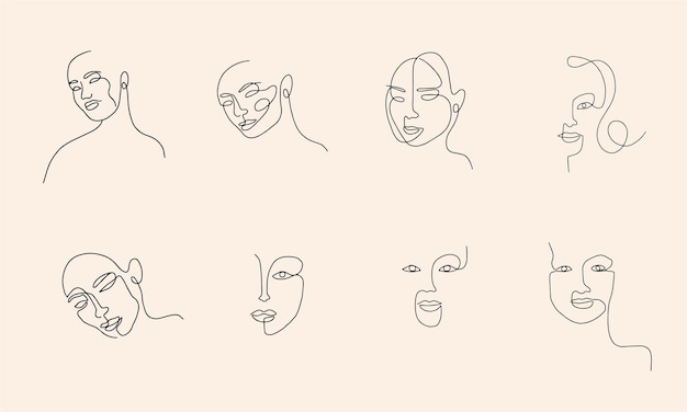 Vector continuous one line drawing set of different women faces