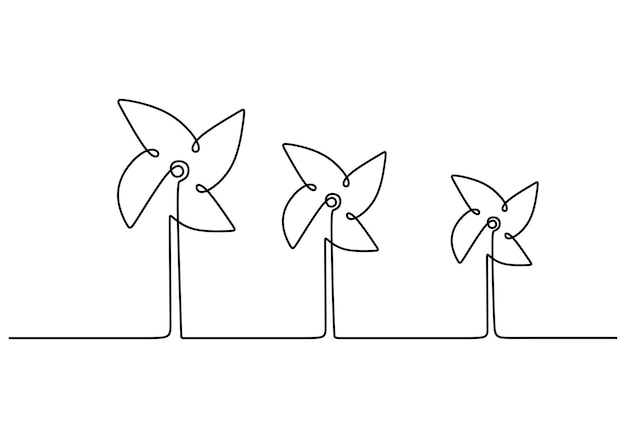 ベクトル 連続一線画セット風車または風力タービン