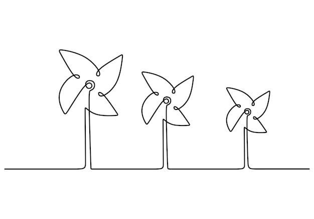 연속 1개의 선 그리기 세트 풍차 또는 풍력 터빈