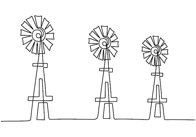 Continuous one line drawing set windmills or wind turbines hand drawn