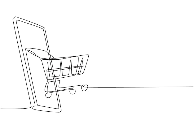 Vector continuous one line drawing shopping cart out smartphone sale digital lifestyle and consumerism