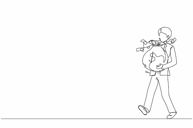 Vector continuous one line drawing smiling businessman walking carrying big heavy sack full of cash money