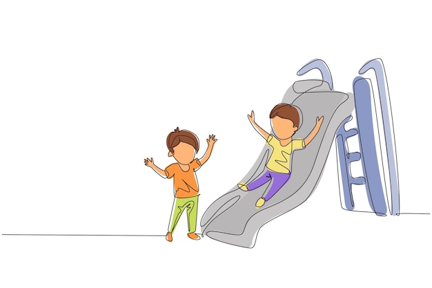 Continuous one line drawing smiling preschool boy sliding down slide and happy friend seeing him on side of slide Kids playing together on playground Single line design vector graphic illustration