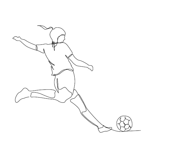 Disegno continuo di una linea di giocatori di calcio una giovane donna che gioca a calcio disegno vettoriale semplice linea arte