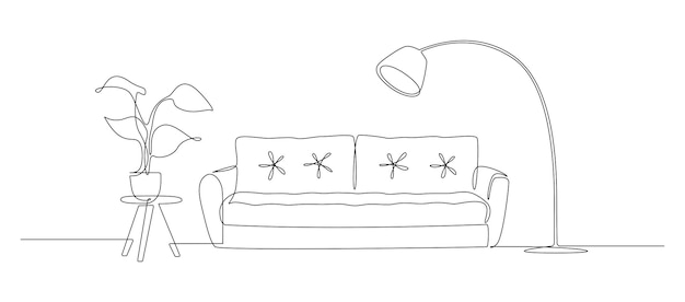 Continuous one line drawing of sofa and floor lamp and table with plant. Scandinavian stylish furniture in simple Linear style. Doodle vector illustration