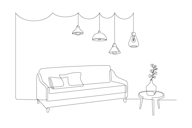 Continuous one line drawing of sofa and table with vase with monstera leaf and hanging pendant loft ...