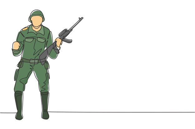 Soldato con disegno continuo a una linea con illustrazione grafica vettoriale del design uniforme dell'arma