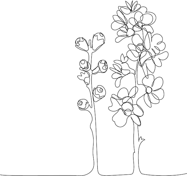 Continuous one line drawing of Spring flower Leafs of apple and appel blossom in spring.