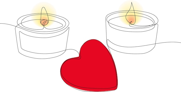 Непрерывный однолинейный рисунок романтической расслабляющей атмосферы, зажженные свечи с сердцем