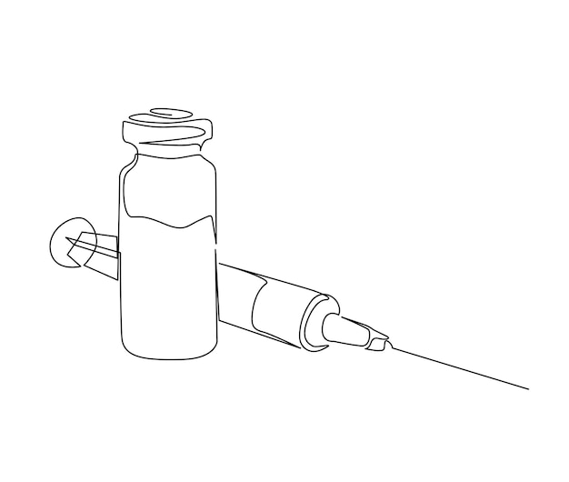 注射器とバイアルの連続 1 線画 ワクチンと注射器のシンプルなイラスト 線画ベクトル図