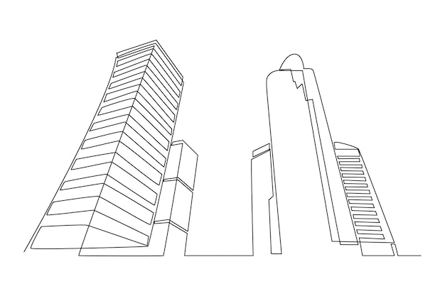 Continuous one line drawing of tall skyscraper buildings in big city Business office building district hand drawn minimalist concept Modern single line draw design vector graphic illustration