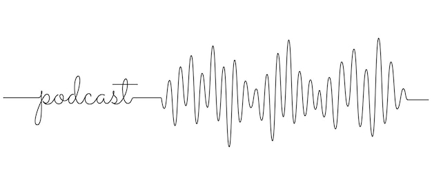 Continuous one line drawing of text podcast and sound wave with different amplitude Soundwave in simple linear style for banner music webinar online training Doodle vector illustration