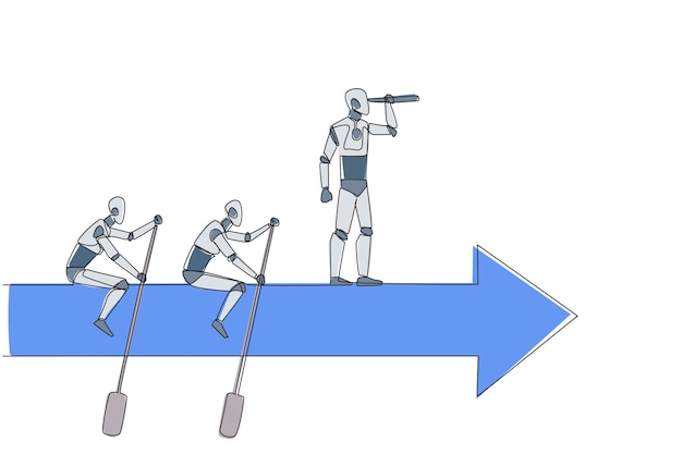 Вектор Непрерывная одна линия рисует три робота ездят стрелы командная работа с двумя из них гребли дизайн вектора