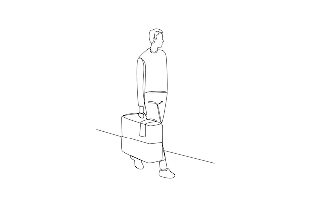 Continuous one line drawing traveling with bag or suitcase concept doodle vector illustration