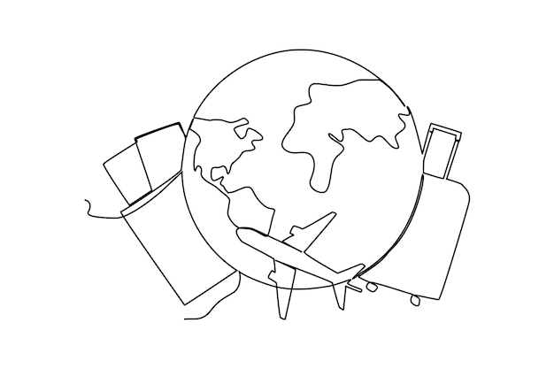 連続1線画旅行スーツケースバッグ飛行機と地球儀世界旅行者コンセプト単線描画デザインベクトルグラフィックイラスト