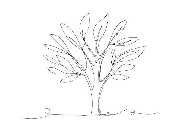 Vector continuous one line drawing of tree on white background