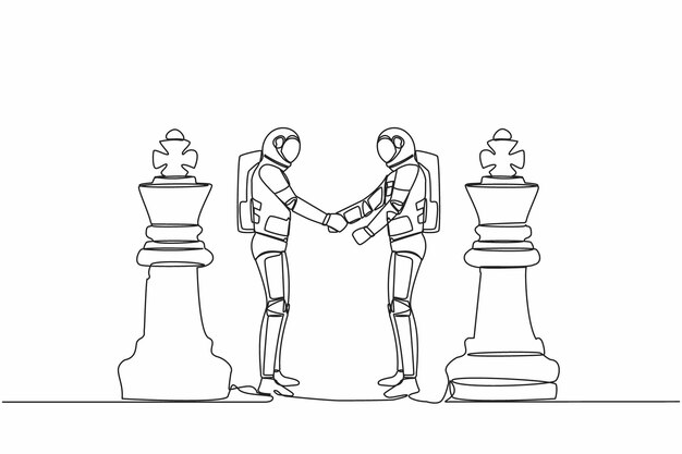 Vector continuous one line drawing two astronaut shaking hands while standing between of king chess pieces