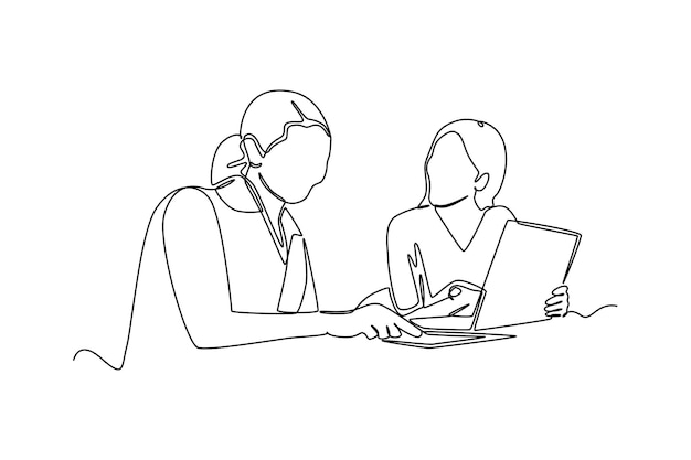 Непрерывный рисунок одной линии два сотрудника обсуждают проект Концепция бизнес-деятельности Дизайн векторной графической иллюстрации одной линии