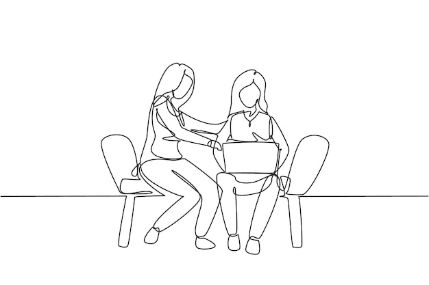 continuous one line drawing two female with laptop sitting on chairs together design vector graphic