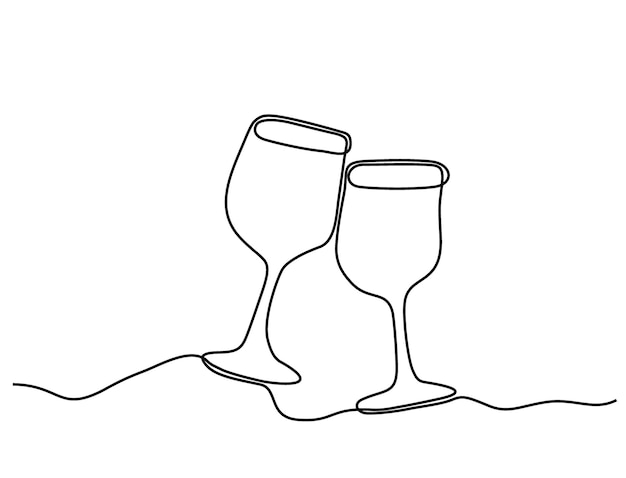 Vector continuous one line drawing of two glasses of red wine minimalist linear concept of celebrate