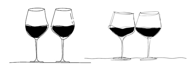Vettore disegno continuo di due bicchieri di vino rosso