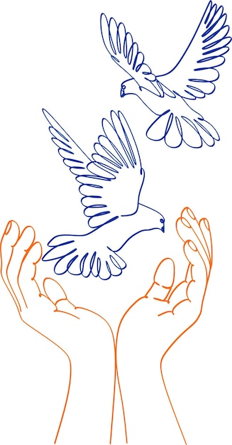 Continuous one line drawing two hands holding a dove in flight Peace day concept