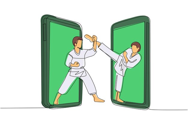 continuous one line drawing two karate fighters comes out from cellular ready to fight design vector