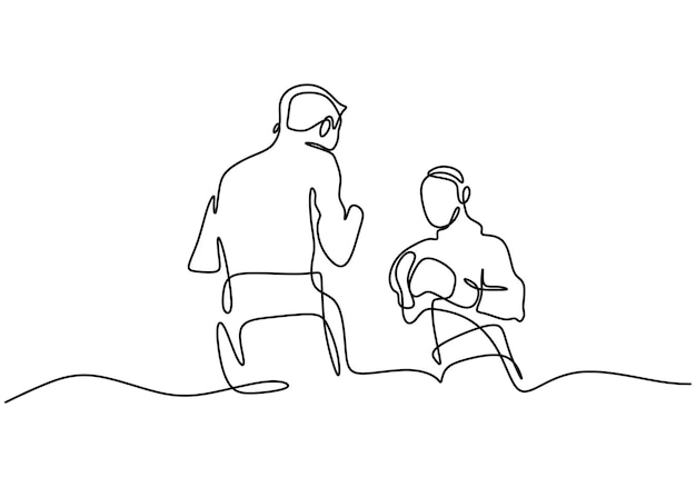 Disegno continuo di una linea di due uomini che giocano a boxe nell'area del ring due pugili professionisti si combattono a vicenda in un torneo isolato su sfondo bianco stile minimalista illustrazione vettoriale