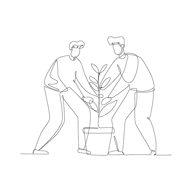 Continuous one line drawing of two people watering a plant in a pot Green world illustration