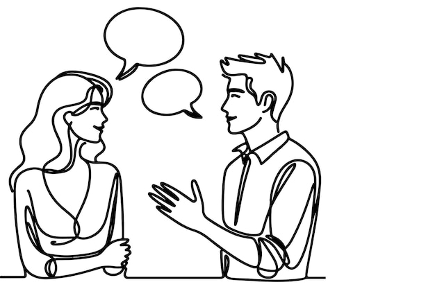 Continuous one line drawing two young people are talking with speech bubbles outline doodle vector