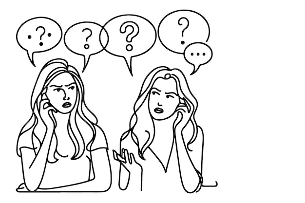 Continuous one line drawing two young people are talking with speech bubbles outline doodle vector