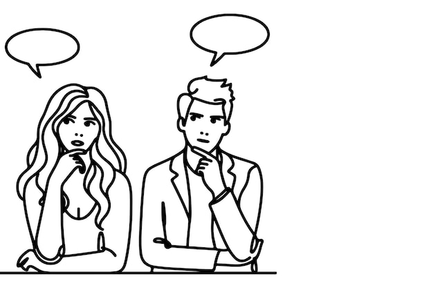 Continuous one line drawing two young people are talking with speech bubbles outline doodle vector