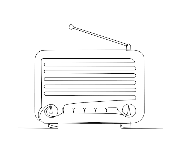 Непрерывный однолинейный рисунок винтажного вещательного радиоприемника Simple Retro radio lineart vector illustration