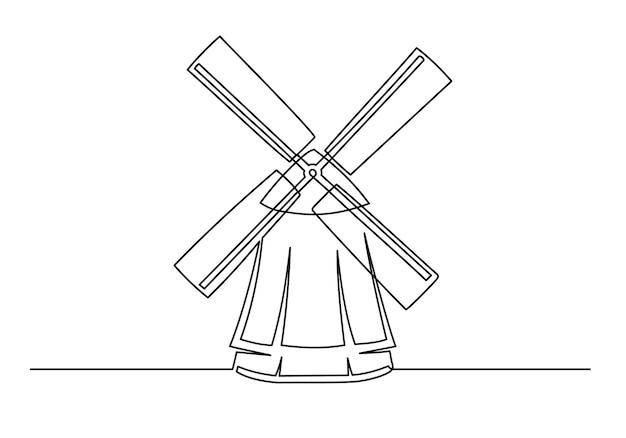 Continuous one line drawing of an vintage mill isolated on a white background