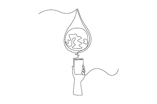 Continuous one line drawing water drop on glass of water World water day concept Single line draw design vector graphic illustration