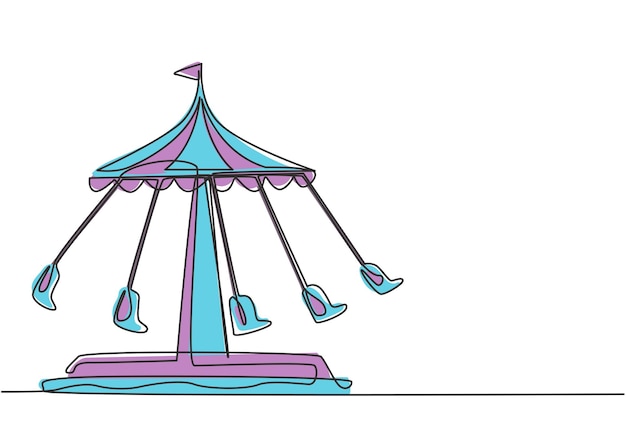 Vector continuous one line drawing of a wave swinger in an amusement park with five seats and a flag above