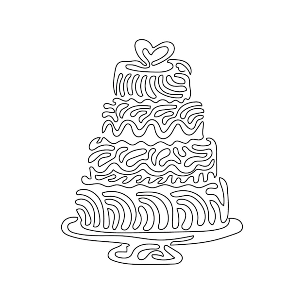 Vector continuous one line drawing wedding cake with love shape on top sweet cake for celebrate marriage