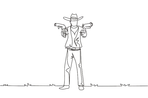 Vector continuous one line drawing wild west gunslinger holding two guns american cowboys aiming two pistols in the desert weapons for selfdefense single line draw design vector graphic illustration