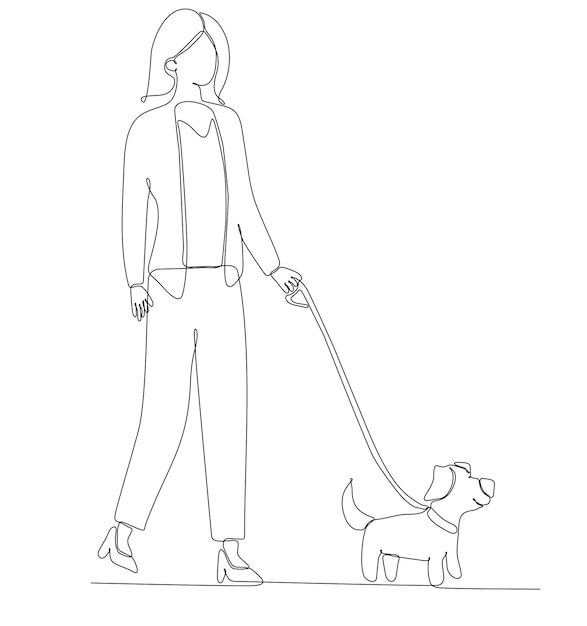 Continuous one line drawing of woman holding dog leash while walking. Vector illustration