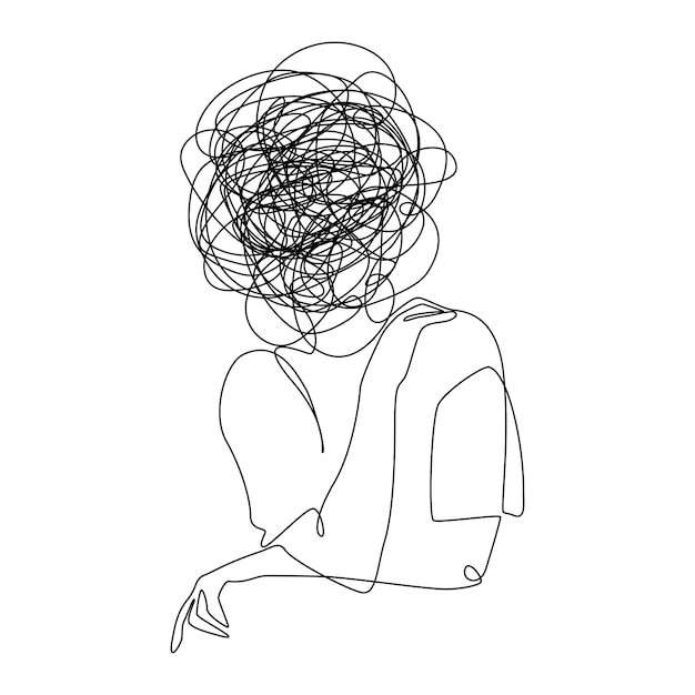 Vector continuous one line drawing of a woman with confused feelings worried about bad mental health proble...